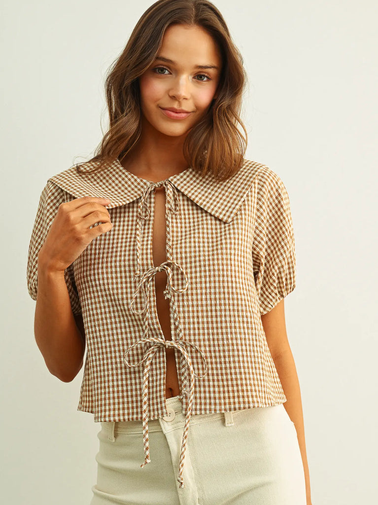 Miou Muse Gingham Pattern Tie Top