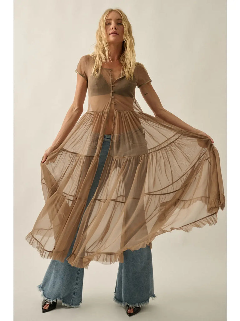 Promesa Sheer Mesh Short-Sleeve Button-Front Tiered Ruffle Maxi Top