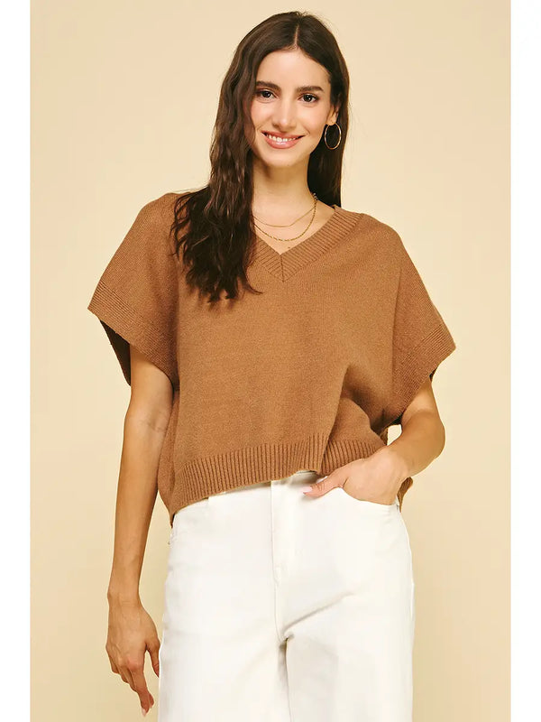 Pinch V-Neck Cap Sleeve Sweater
