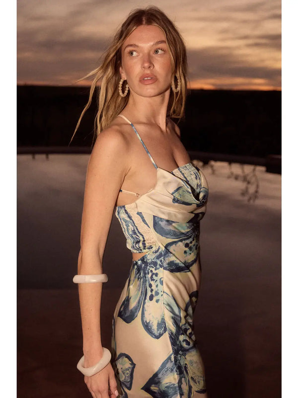 Promesa Tropical Satin Cowl Neck Dress