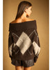 Miou Muse Argyle Off Shoulder Sweater