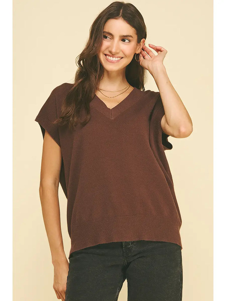 Pinch V-Neck Cap Sleeve Sweater