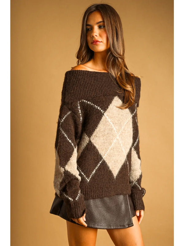 Miou Muse Argyle Off Shoulder Sweater