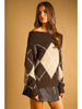 Miou Muse Argyle Off Shoulder Sweater