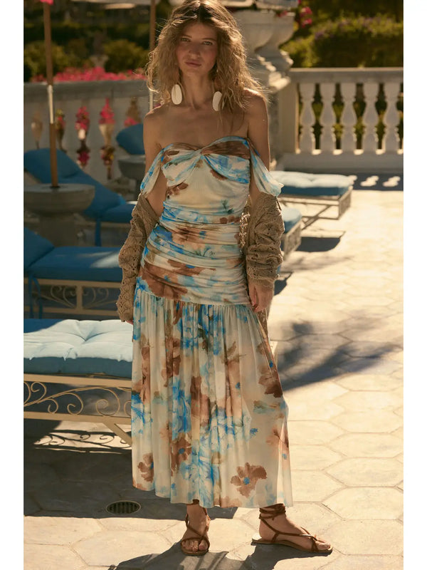 Promesa Floral Mesh Ruched Off-Shoulder Maxi Dress