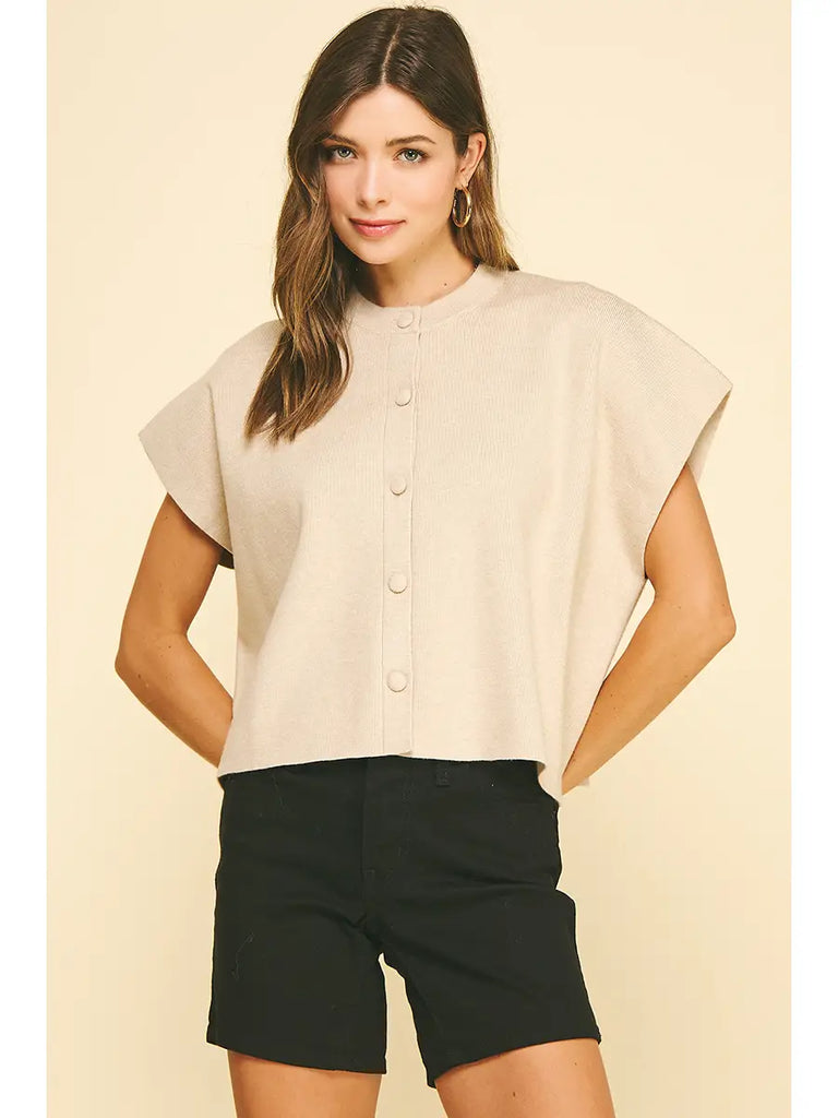Pinch Button Down Cap Sleeve Sweater