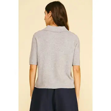 Pinch Ribbed Short Sleeve Polo Sweater