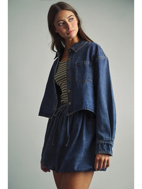 Miou Muse Denim Button Front Crop Shirt