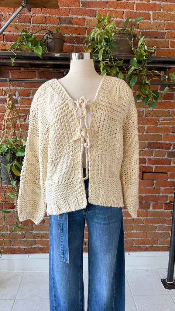 S&S Ivory Tie Front Hand Knit Cardigan