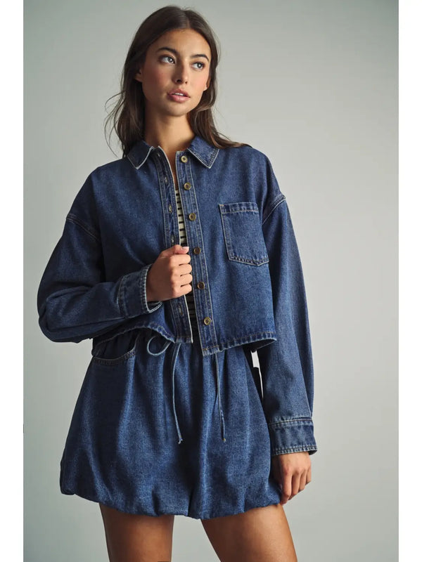 Miou Muse Denim Button Front Crop Shirt