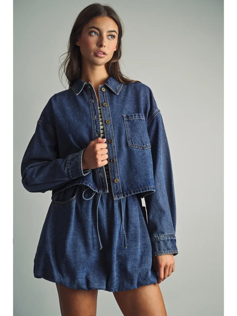 Miou Muse Denim Button Front Crop Shirt