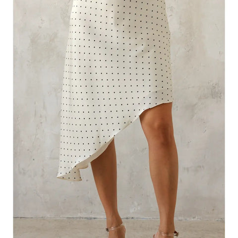 Storia Polka Dot Asymmetrical Midi Skirt