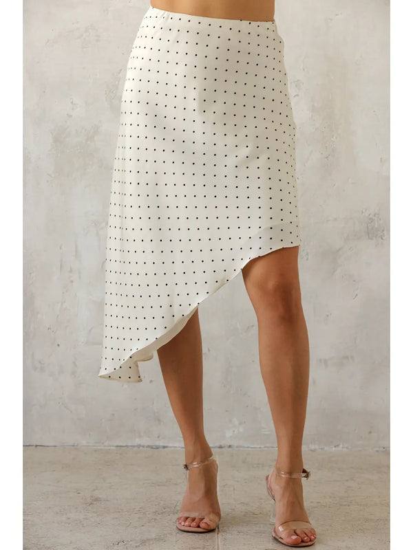 Storia Polka Dot Asymmetrical Midi Skirt
