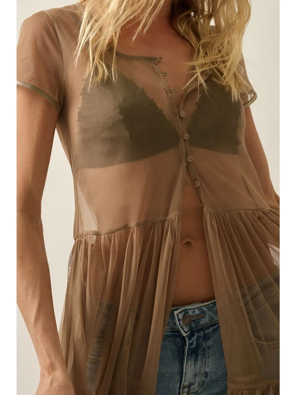Promesa Sheer Mesh Short-Sleeve Button-Front Tiered Ruffle Maxi Top