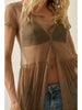 Promesa Sheer Mesh Short-Sleeve Button-Front Tiered Ruffle Maxi Top