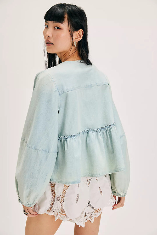 Free People Denim Brunch Babe Blouse