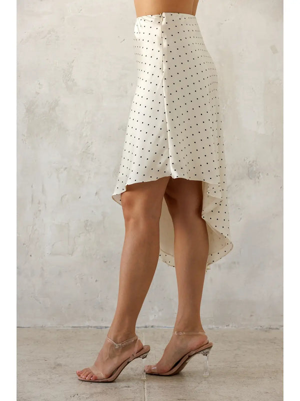 Storia Polka Dot Asymmetrical Midi Skirt