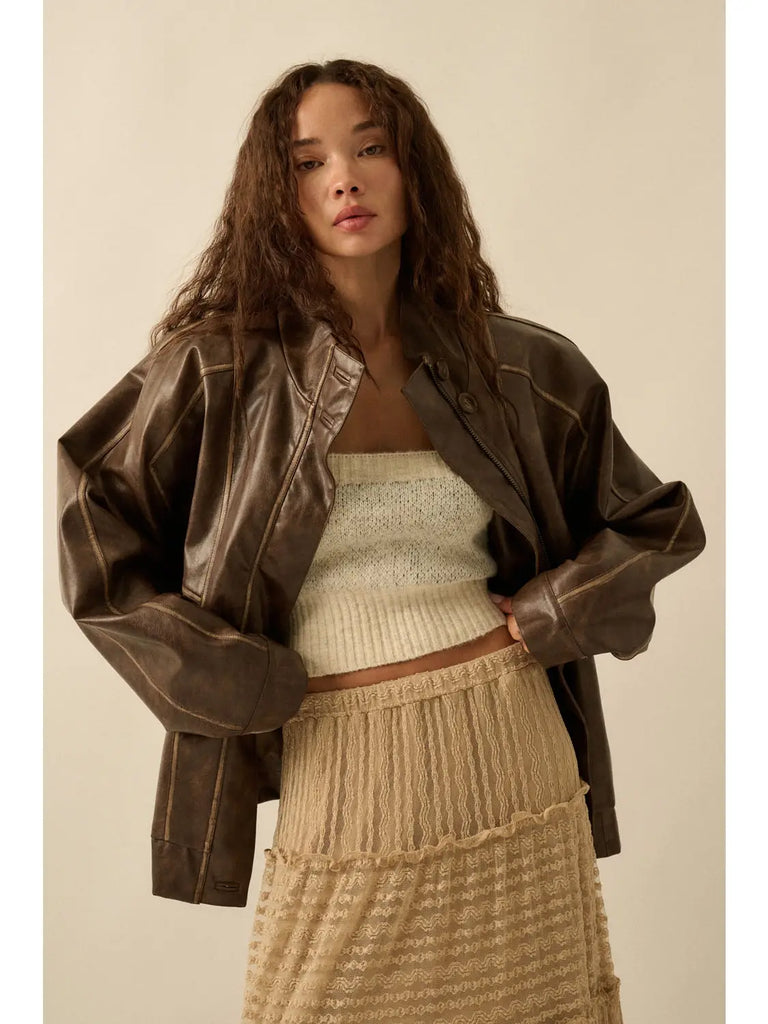 Promesa Faux Leather Piping-Trimmed Zip-Up Jacket