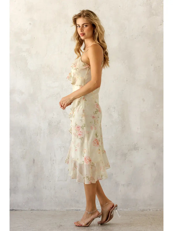 Storia Floral Ruffle Midi Dress