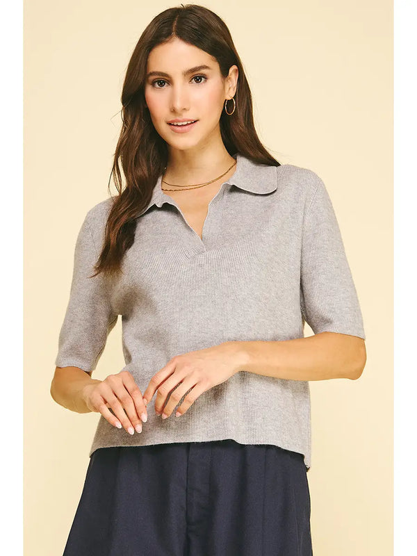 Pinch Ribbed Short Sleeve Polo Sweater