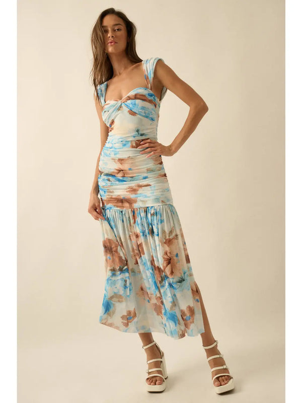 Promesa Floral Mesh Ruched Off-Shoulder Maxi Dress