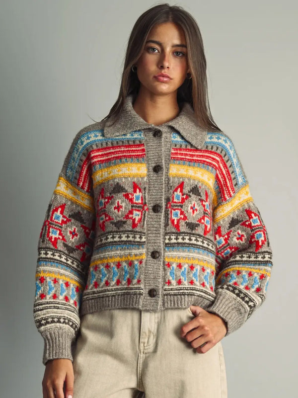 Miou Muse Folk Pattern Button Cardigan